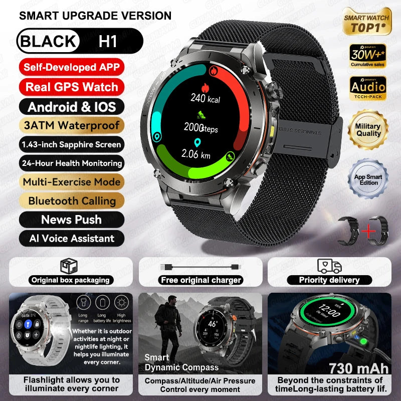 2026 New GPS Smart Watches 10 ATM Waterproof Built-in Dual-band GNSS Compass Military Sport Men SWIM Smartwatch For Android IOS