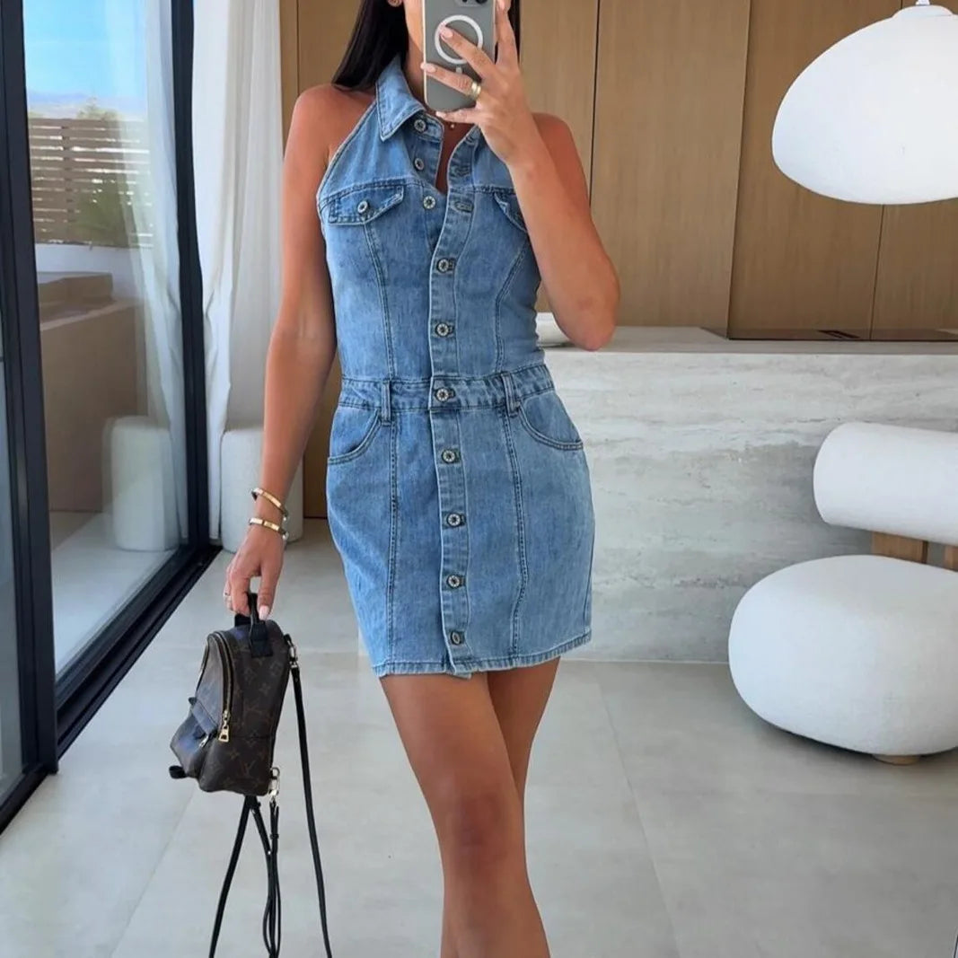 Short Dress Women Denim Dresses Vestidos Y2k Streetwear Turn Down Collar Sleeveless Hip Wrap Elegant Sexy Party Night Work 2026