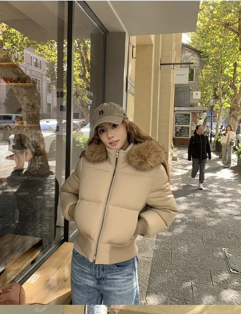 Winter New Women's Faux Fur Hooded Thick Padded Coat Slim Waist Short Cotton Jacket Sweet Style Warm Outerwear Parka