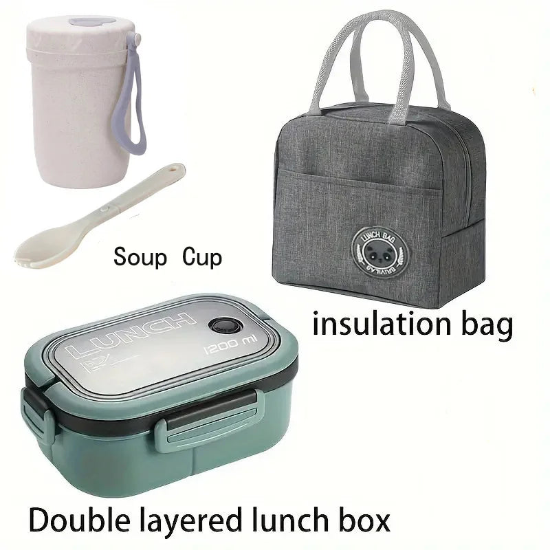 Portable Single Double-layer Lunch Box with Fork And Spoon - Compartment Fruit Food Container for Microwave And Picnic Freshness