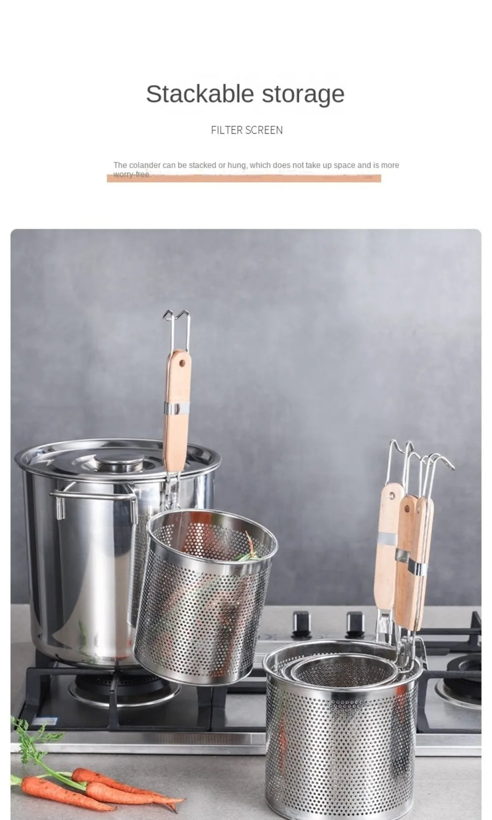 Durable Thickened Stainless Steel Funnel Kitchen Gadgets Wooden Handle Pasta Basket Strainer Multifunctional Noodle Funnel