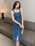 Denim Dress Sexy Style New Arrival Ins Strap Waist Single Breasted Stitching Female Bodycon Midi Dresses Female Vestidos