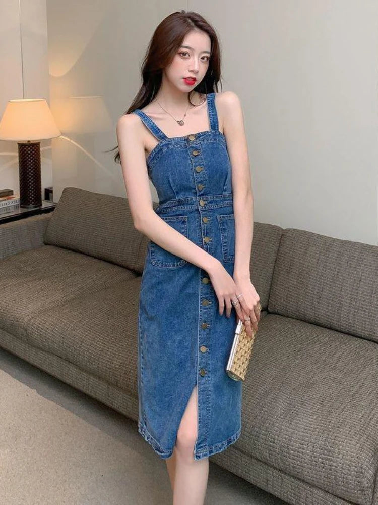 Denim Dress Sexy Style New Arrival Ins Strap Waist Single Breasted Stitching Female Bodycon Midi Dresses Female Vestidos
