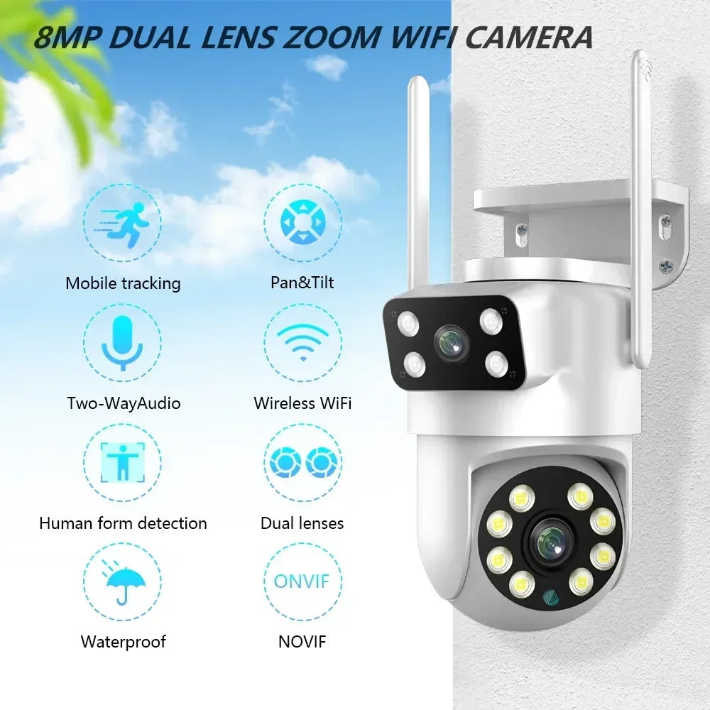 4K 8MP  Tuya Dual Lens PTZ WIFI Camera Full HD Dual Screen Ai Human Auto Tracking Outdoor 4MP Security Video Surveillance Camera