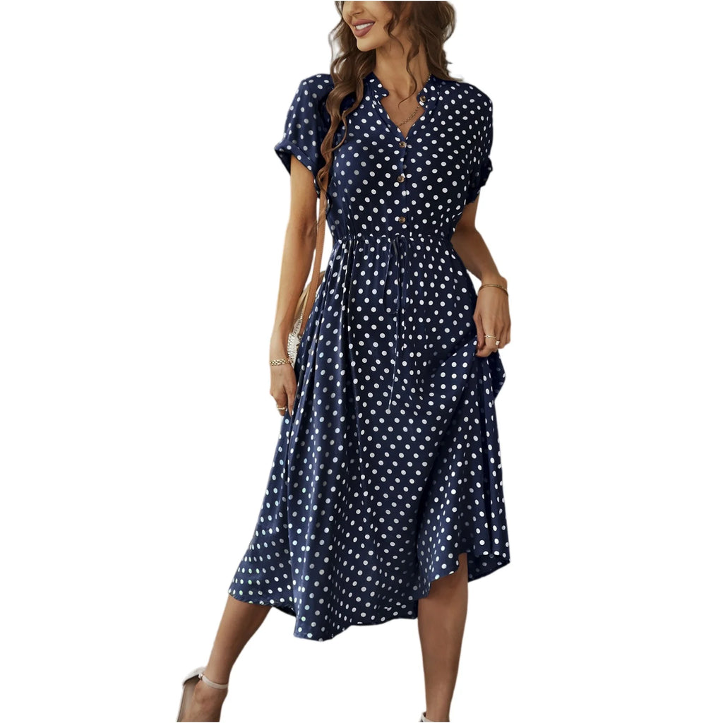 Elegant retro polka dot dress Women's Summer Midi Dress V Neck Single Breasted Short Sleeve Dresses Fashion Print Dress