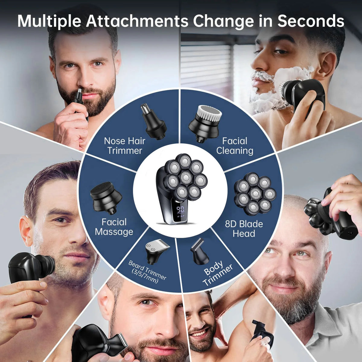 6-In-1 Electric Head Shaver for Bald Men 7 Blades Floating Razor Hair Trimmer USB Recharge LED Display Beard Shavers Waterproof
