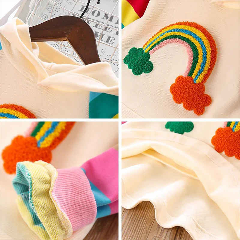 Bear Leader Autumn New Rainbow Printed Long Sleeve Hooded Dress Fashion Casual Sports Girls' Clothing Color Blocked Girls Dress