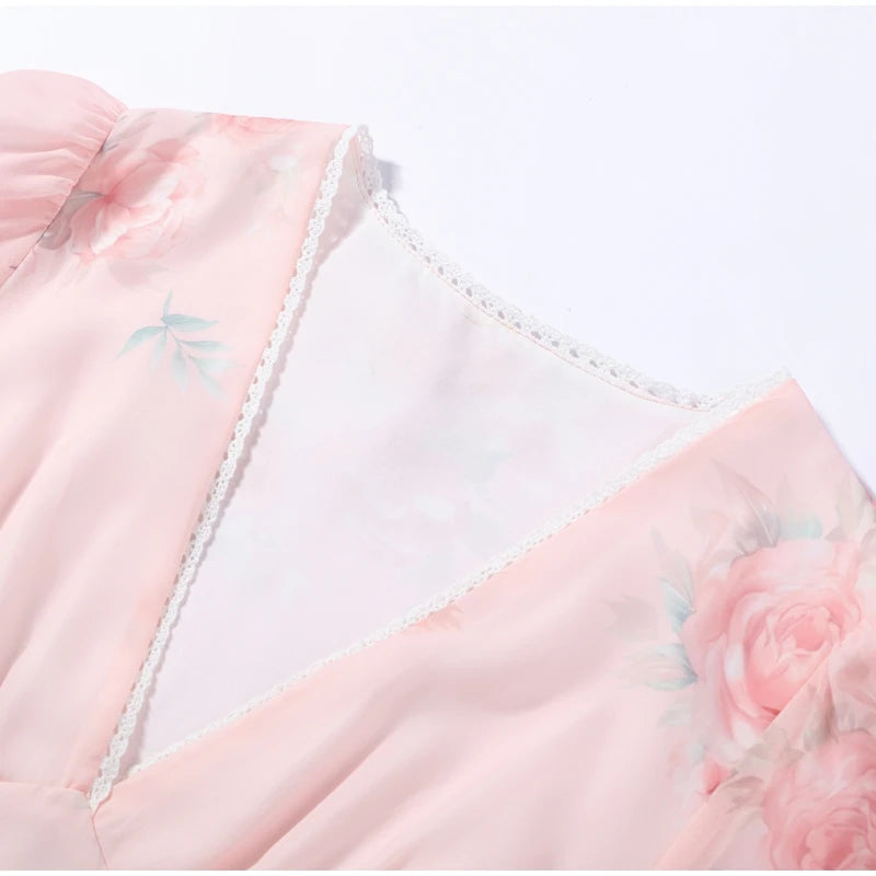 Elegant Print Women Long Dress Chic Ruffle Pleated Short Sleeve V-neck Waist-Closed Female Dresses 2026 Summer Beach Lady Robe