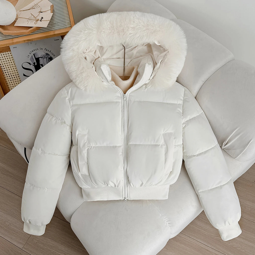 Women's Short Thickened Winter Cotton Jacket Quilted Coat Fur Collar American Retro Style Warm Casual Fashion Regular Fit