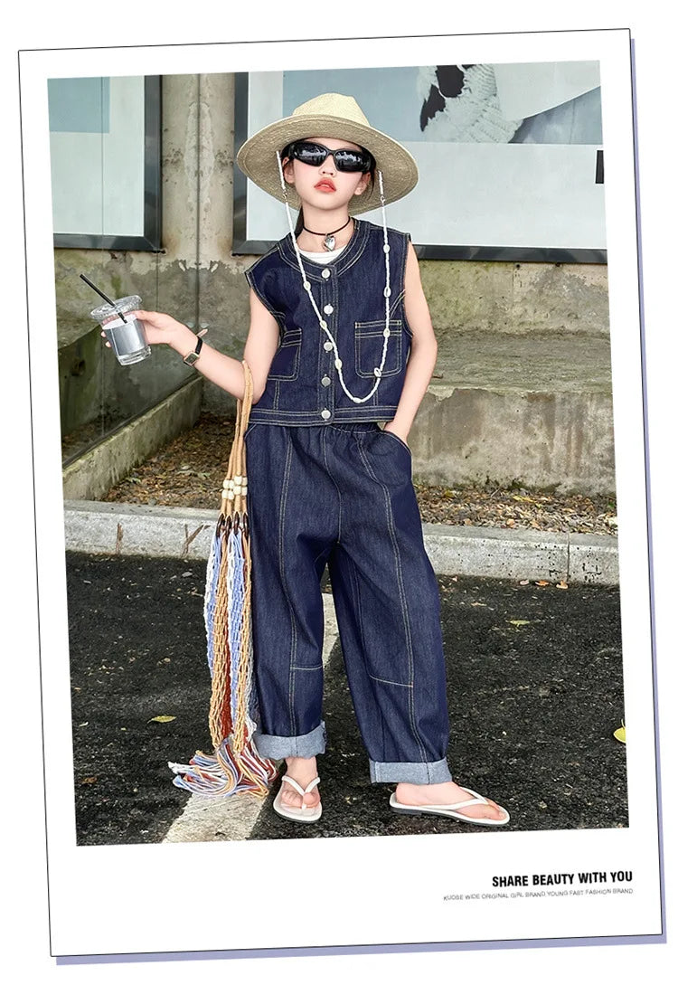 Summer teen Girls Denim Set 2024 Child Sleeveless Cowboy vest+Wide leg pants Two Piece junior kid jeans suit child outfits 10 12