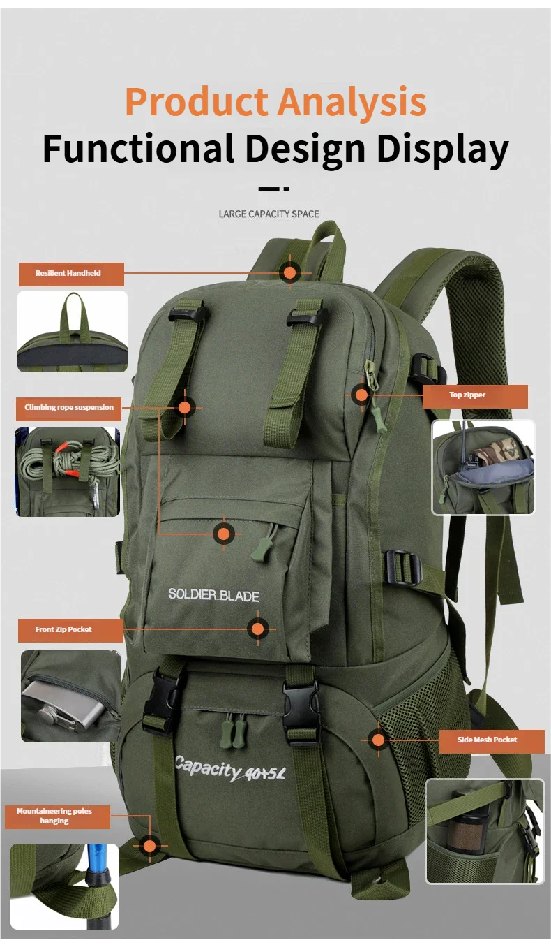 40L Travel Tactical Backpack Men Women Outdoor Travel Cycling Large Capacity Waterproof Lightweight Weight-Lifting Hiking Bag