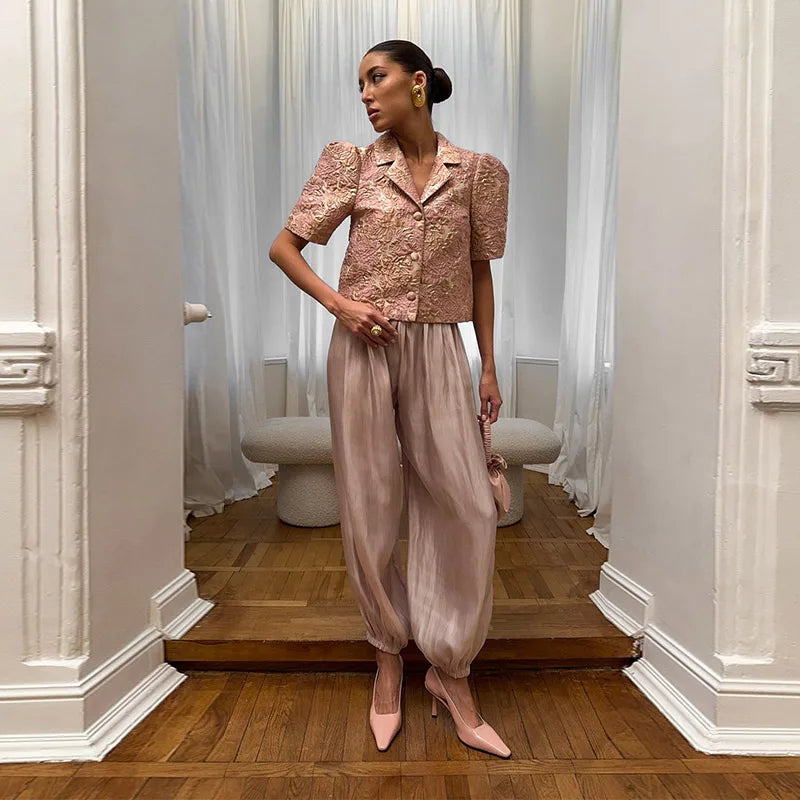 Sheer Floral Lace Tie Balloon Trousers High Waist 2026 Spring/Autumn Elegant Women Bottoms Fashion Chic Holiday Versatile Pants