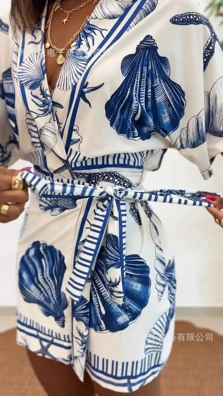 Women V Neck Beach Printed High Waist Stretch Jumpsuit Shorts Overall Playsuit