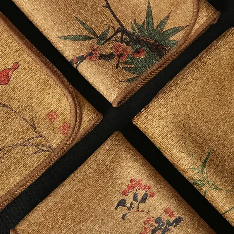 Zen Tea Towel Set: Hand-Painted Thick Linen Cotton Absorbent Cloth for Teapot, Table & Instrument Care (Erhu, Violin, Guzheng)
