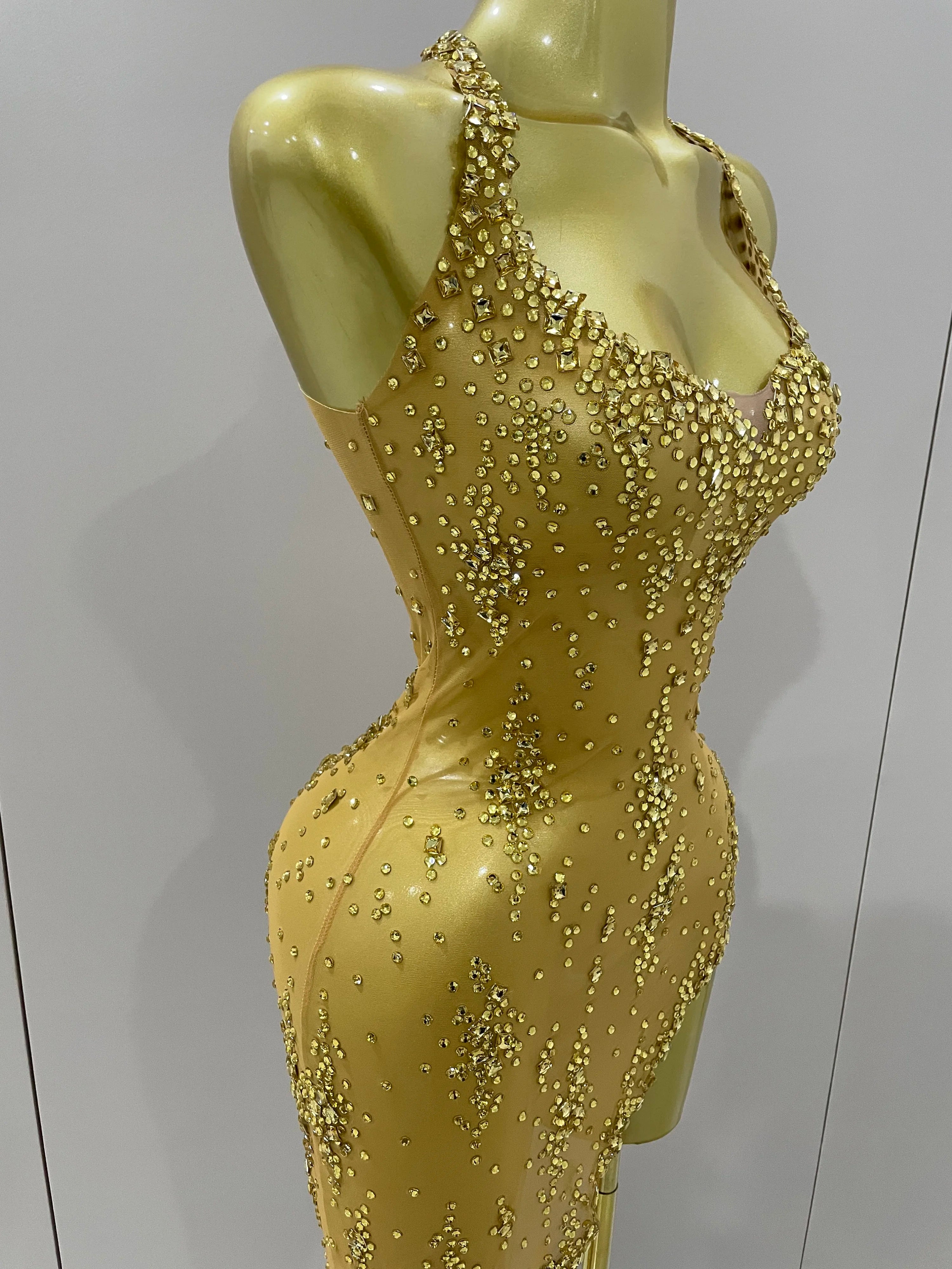 2025 New Sparkly Rhinestone V Neck Stretch Mesh Sexy See Through Dress Women Elegant Party Celebrate Perform Costume Stage Outfi