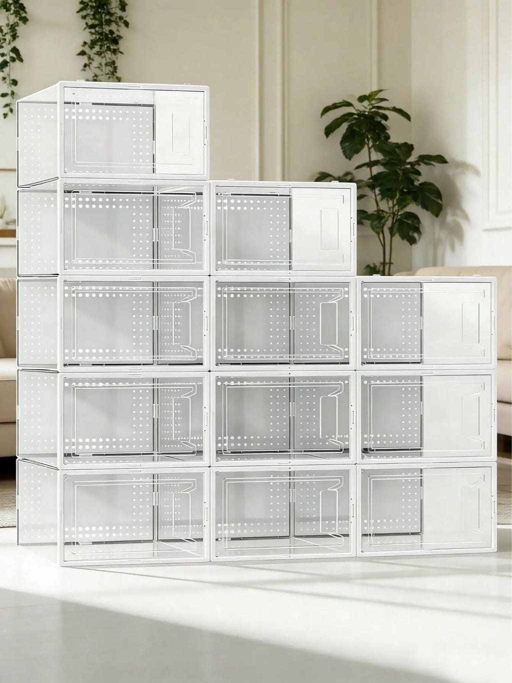 12 Pack Large Clear Plastic Stackable Shoe Storage Boxes with Lids, Modular Space Saving Sneaker Display Organizer Bins for Closet
