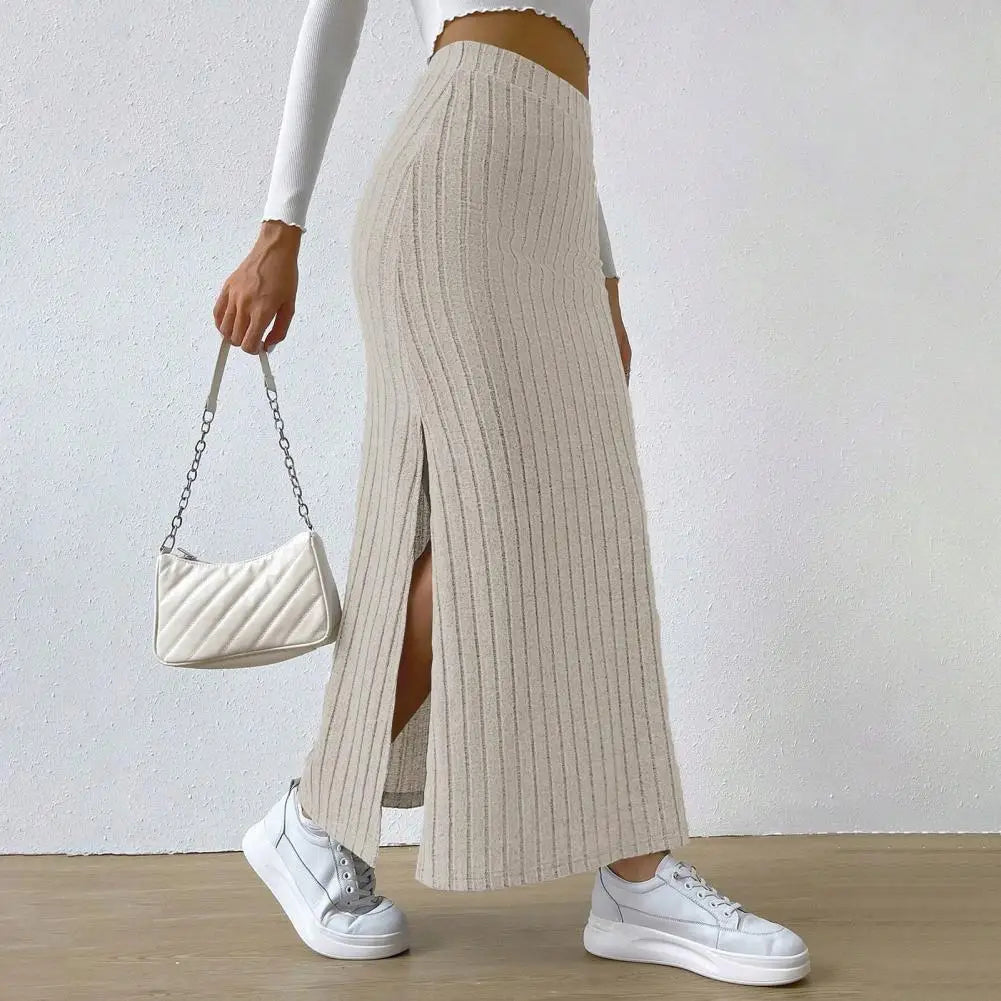 Women Maxi Ribbed Skirt High Waist Side Slit Knitting Skirt Solid Color Long Skirt Streetwear Women Outdoor Wear Skirts