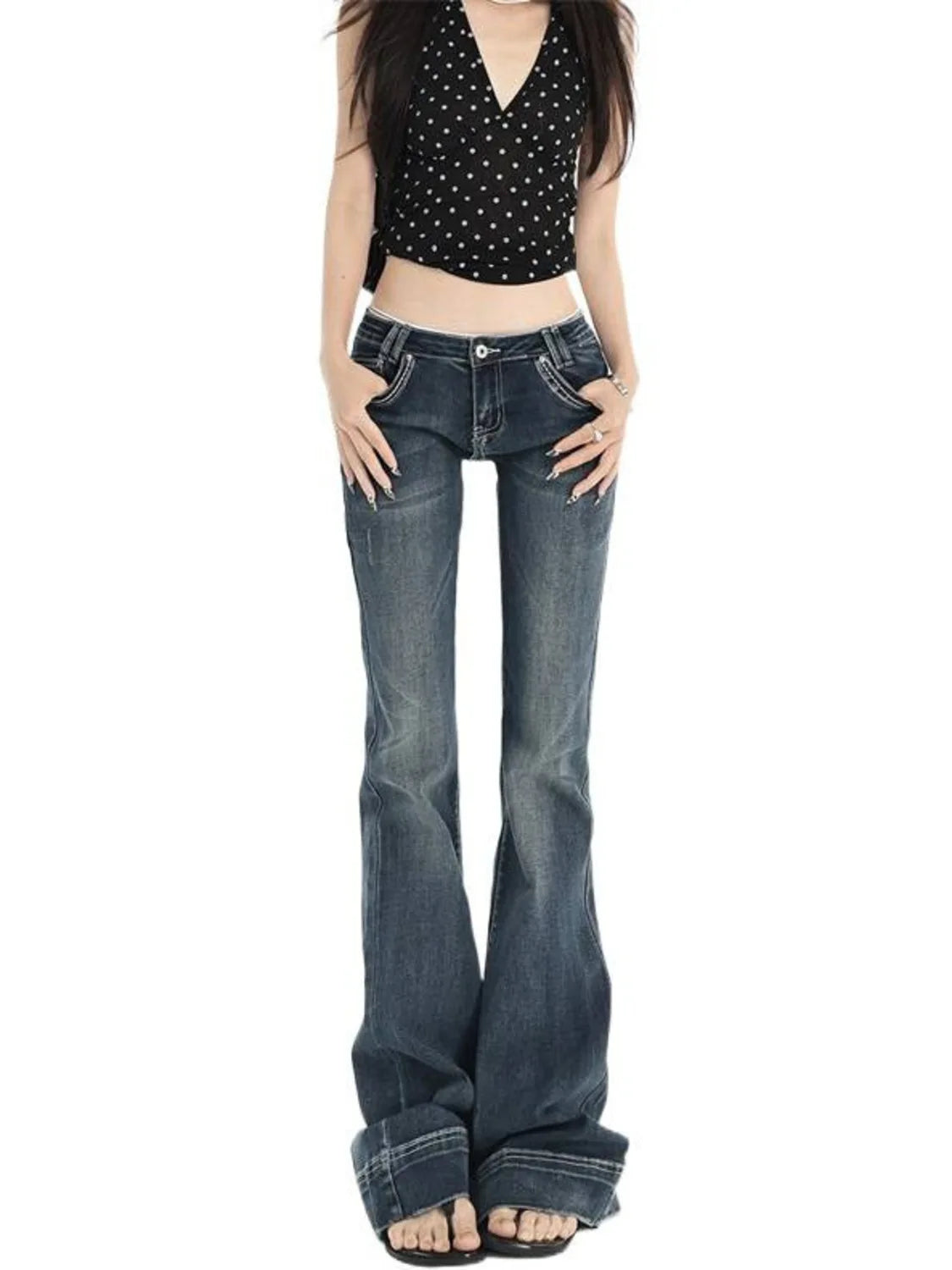 Women's Vintage Washed Low Rise Bootcut Jeans Slight Flare Denim Pants Retro Y2K Style