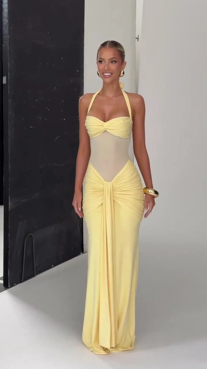 Suninheart Draped Maxi Evening Dress Women Elegant Halter Prom Dresses Wine Formal Occasions Backless Dress Sexy