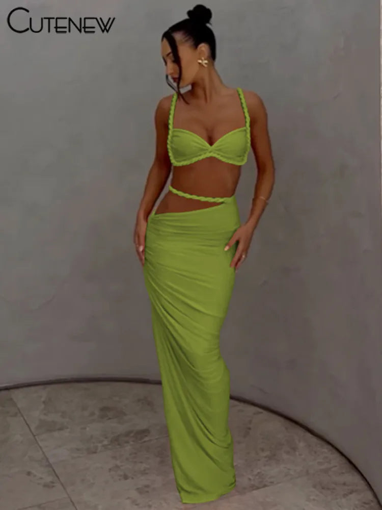 Cutenew Woven Matching Women 2 Piece Sexy Vacation Outfits Pleated Crop Camis+Shirring High Waist Maxi Skirts Solid Mujer Sets