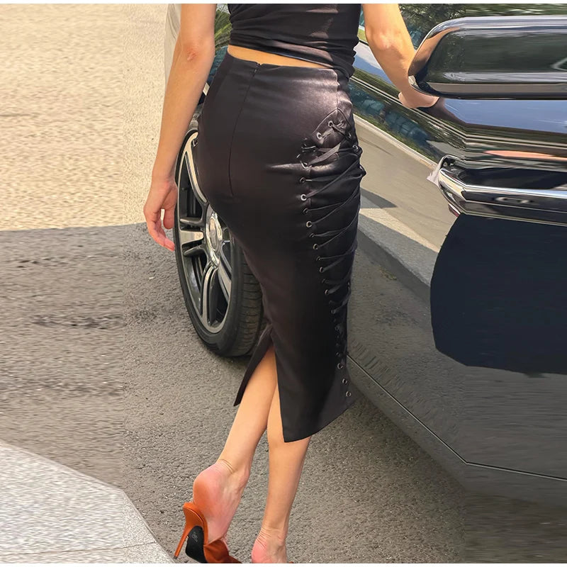 Women's Midi Skirt High Waist Side Lace‑Up Midi Skirt Bodycon Tie Adjust Hip Fitted Skirt City Date Going Out 2026 New For Women