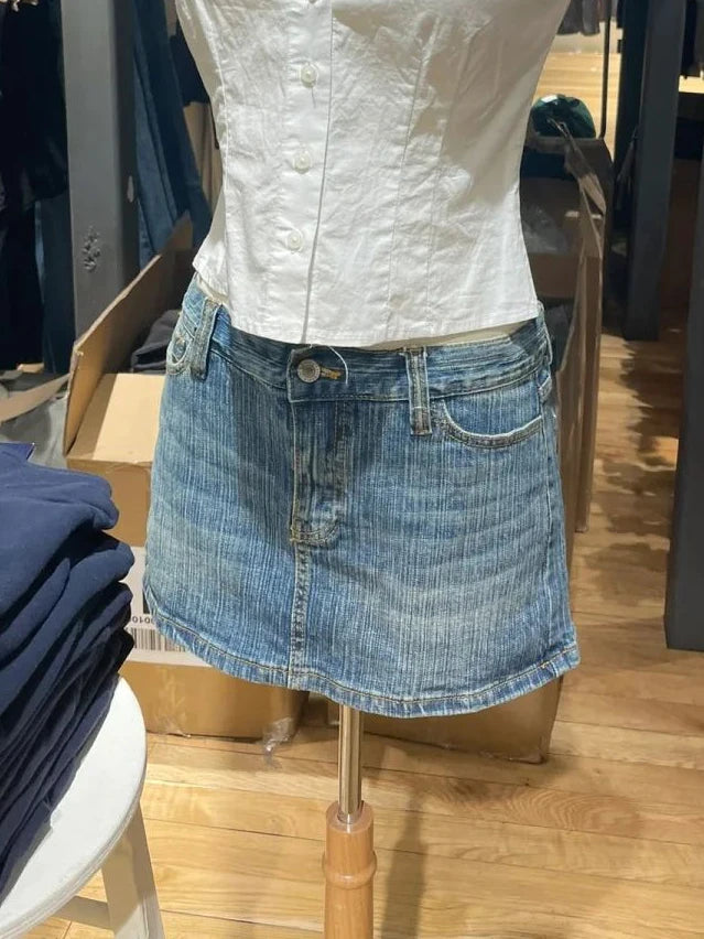 Vintage Denim Straight Mini Skirts Women Sexy Low Waist Pockets A-line Short Faldas Casual Streetwear Summer Cotton Skirt Y2k