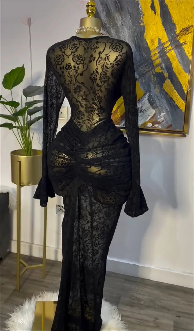 CM.YAYA Women Long Sleeve Ruched Mesh See Though with Lining Bodycon Long Dress 2025 Fall Evening Birthday Sexy Party Dresses