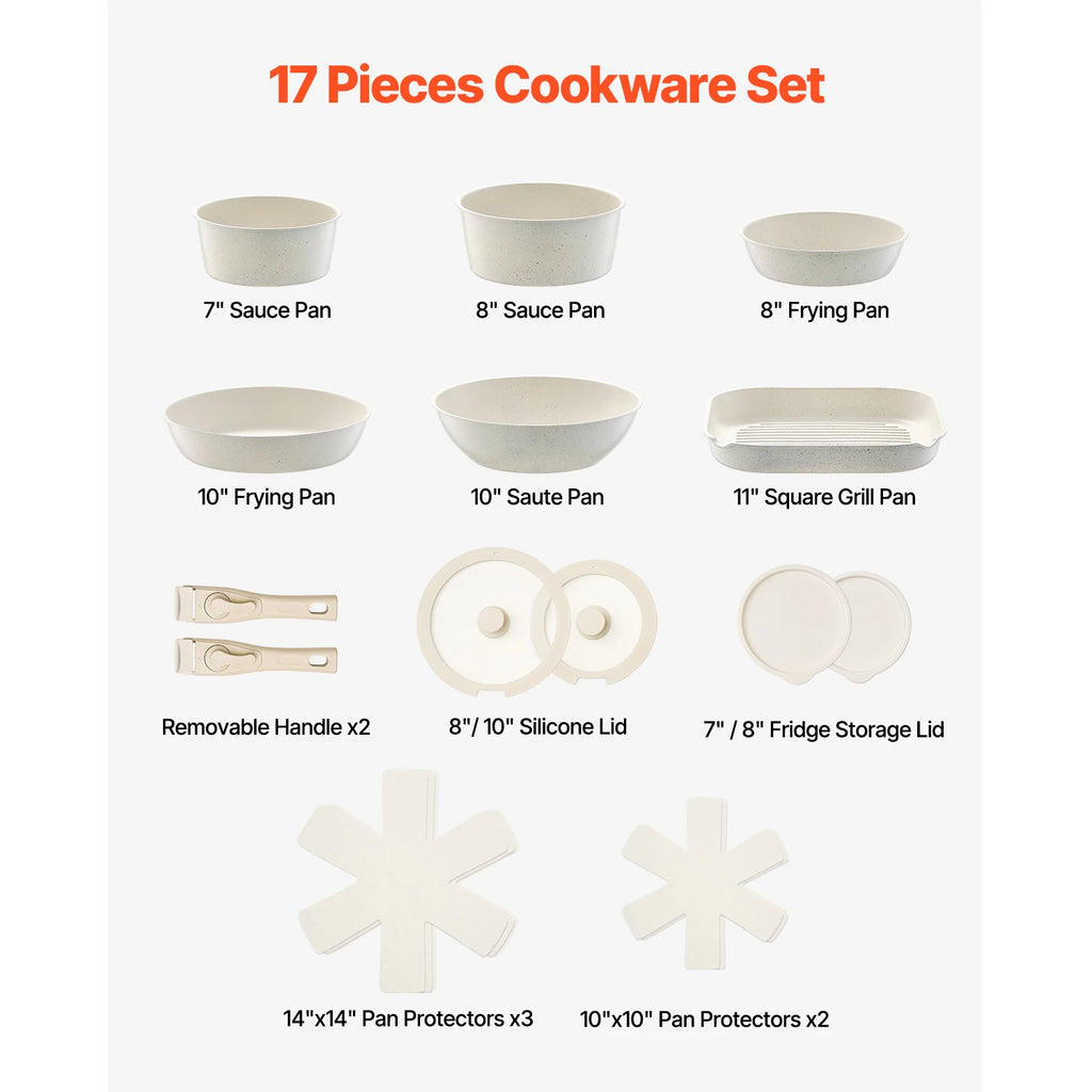 SucceBuy 17 Piece Pots and Pans Set Nonstick Detachable Handle Cookware Kitchen RV Cooking Sets, with Frying, Sauce, Saute Temp
