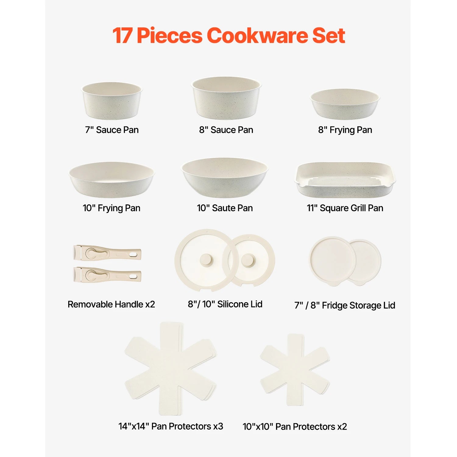 SucceBuy 17 Piece Pots and Pans Set Nonstick Detachable Handle Cookware Kitchen RV Cooking Sets, with Frying, Sauce, Saute Temp