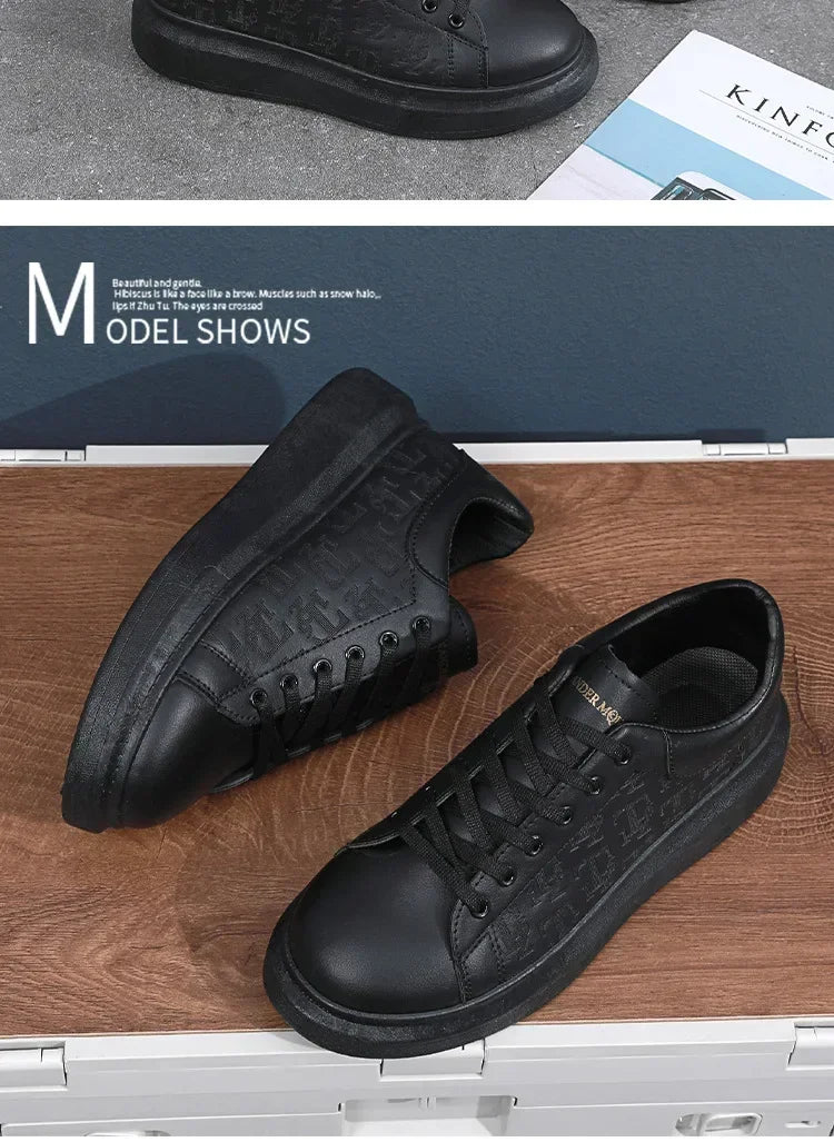 2026 Men's Casual Shoes Spring and Autumn Flat-soled Casual Leather Shoes Sports Shoes Black and White Men's Thick-soled Shoes