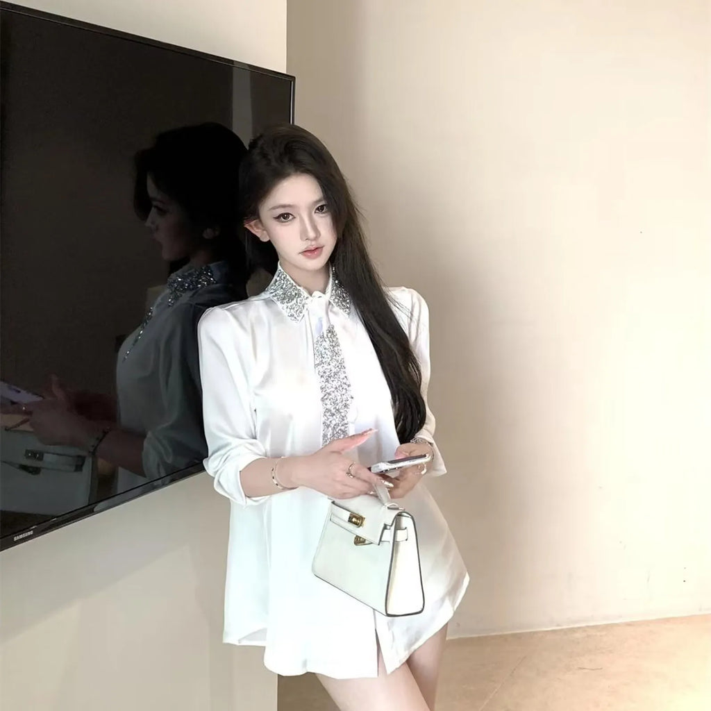 2025 Women's White Shirt New Spring Autumn Crystal Beading With Necktie Chiffon Shirt Female Blouses Ladies Tops Women Clothing