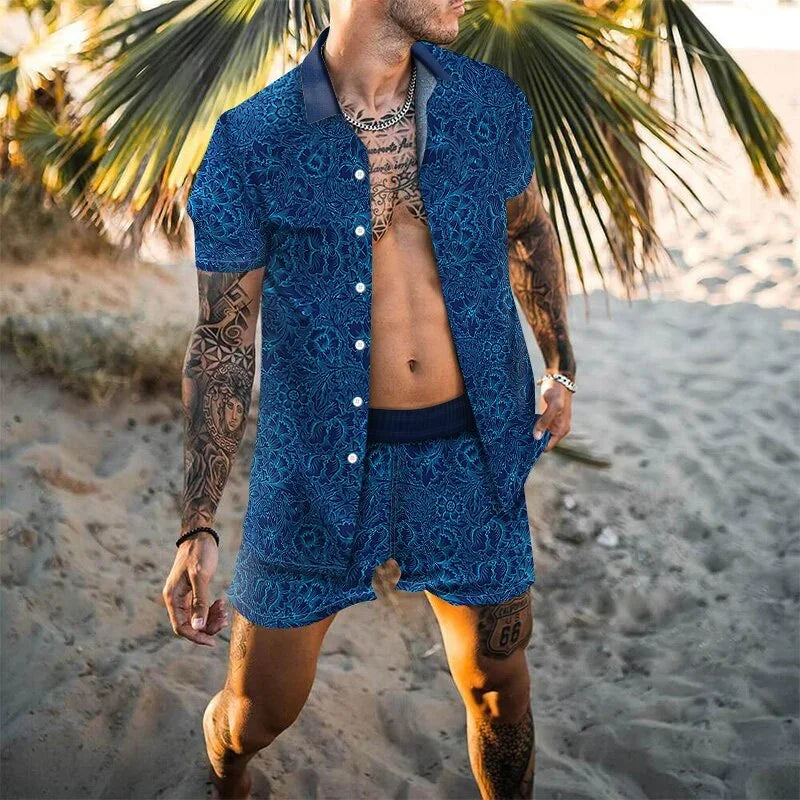 2024 Summer Men's Fashion Leopard Print Short Sleeve Shirt And Shorts Set Beach Style T Shirt Breathable Shorts Two Piece Set