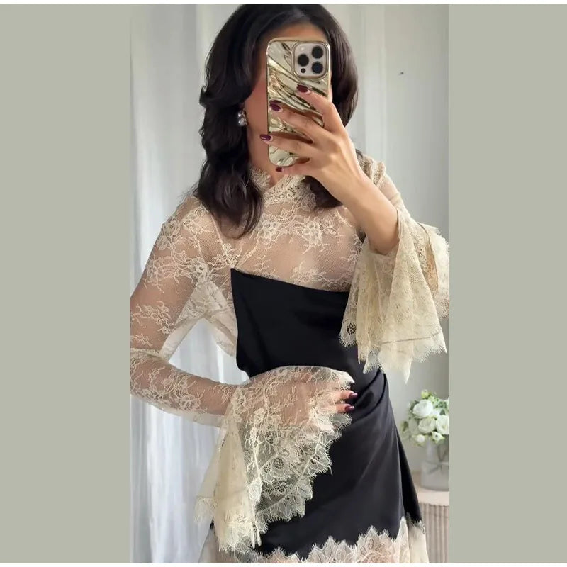 Sexy Color Block Bodycon Dress Women's Lace Insert Full Sleeve Y2K Mini Dresses 2025 Autumn Lady New Elegant Party Clubwear