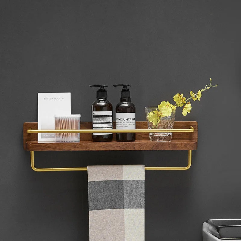 Brushed Gold Solid Wood Bathroom Shelf Wall Mounted Bathroom Storage Rack Towel Rack Bath Shower Shelf Bathroom Shelves