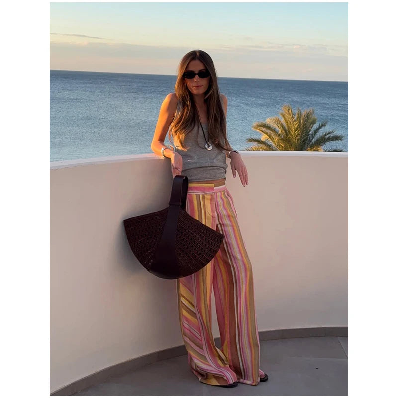 Women‘s Colorful Striped Pant New Summer Straight Multicolor Wide Leg Long Pants Casual Fashion Streetwear Female Outfit 2026