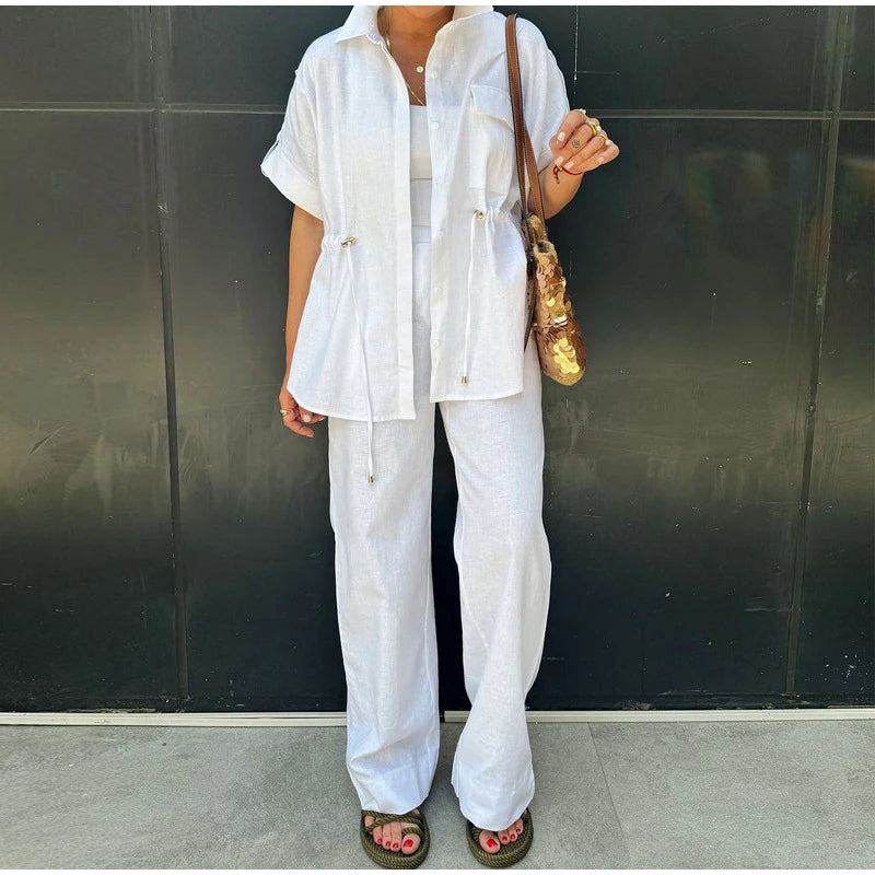 Casual Drawstring Shirt Pants Set Women Lapel Button Short Sleeve Pocket Loose Top Wide Leg Pants 2025 Chic Summer Women's Suit