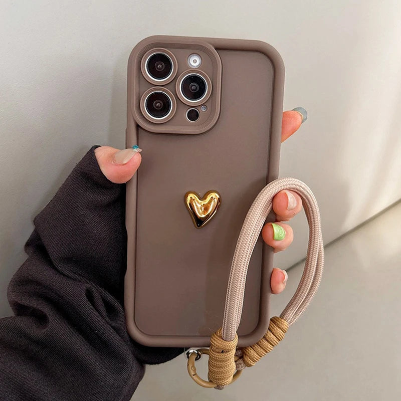 Cute Korean 3D Golden Love Heart Soft Case For iPhone 16 17 18 Pro Max 15 14 13 12 11 Pro 7 8 Plus Wrist Chain Hang Strap Cover