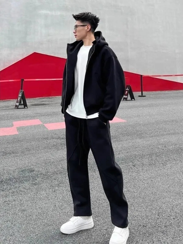 Men's Autumn Winter Hooded Open Cardigan Double Zipper Fleece Long Pants Sport Casual Two-Piece Set Versatile Polyester Fiber