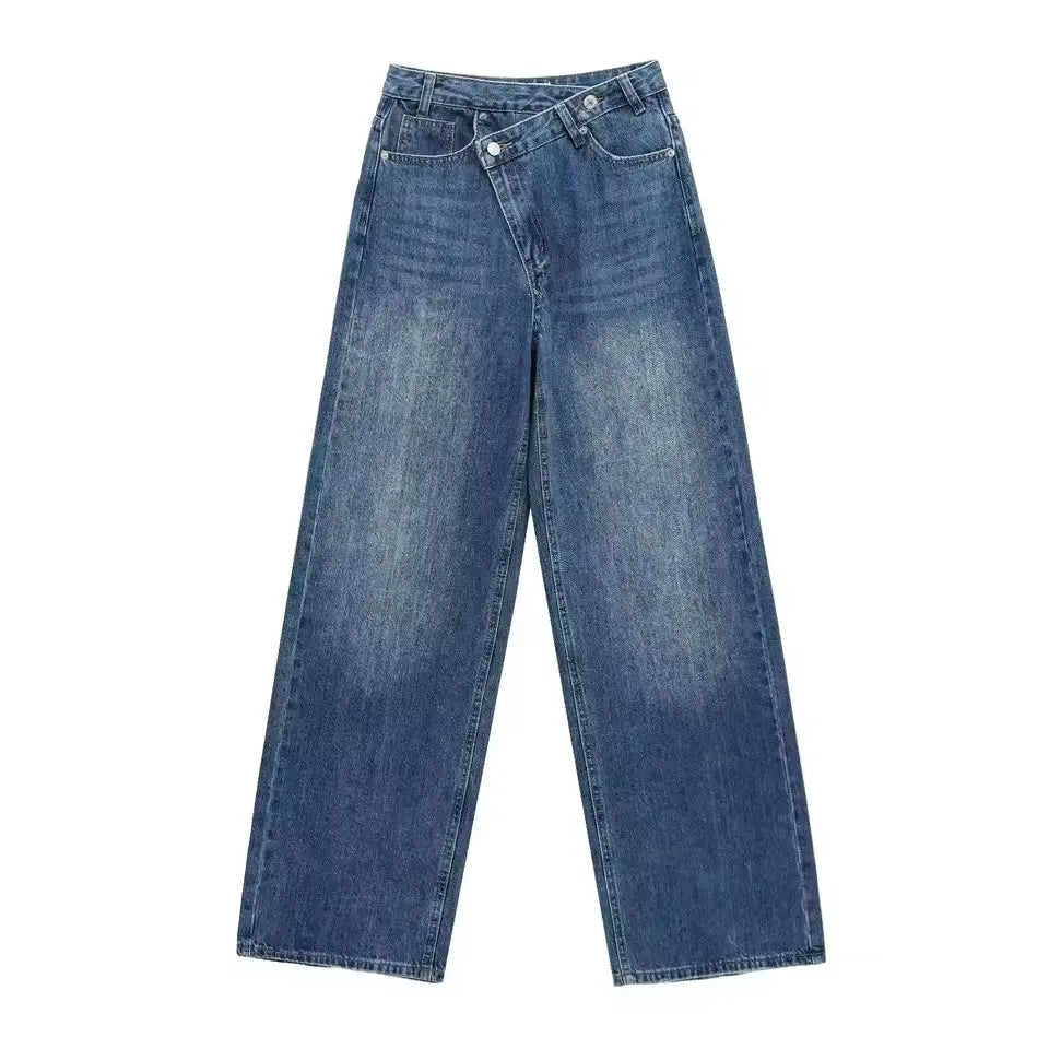 HH Women Trendy Cross Waist Wide Leg Jeans Asymmetrical Button Fly High Waist Baggy Denim Pants For Streetwear Y2K Outfits