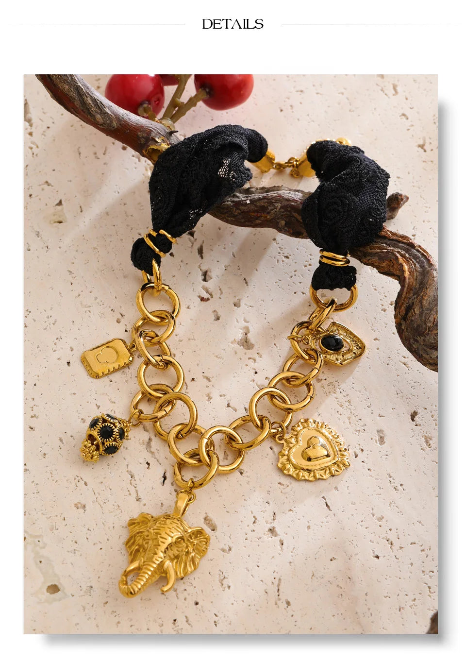 Yhpup 2025 Black Lace Chain Heart Elephant Pendant Statement Necklace 18K Golden Plated Stainless Steel Charms Handmade Jewelry