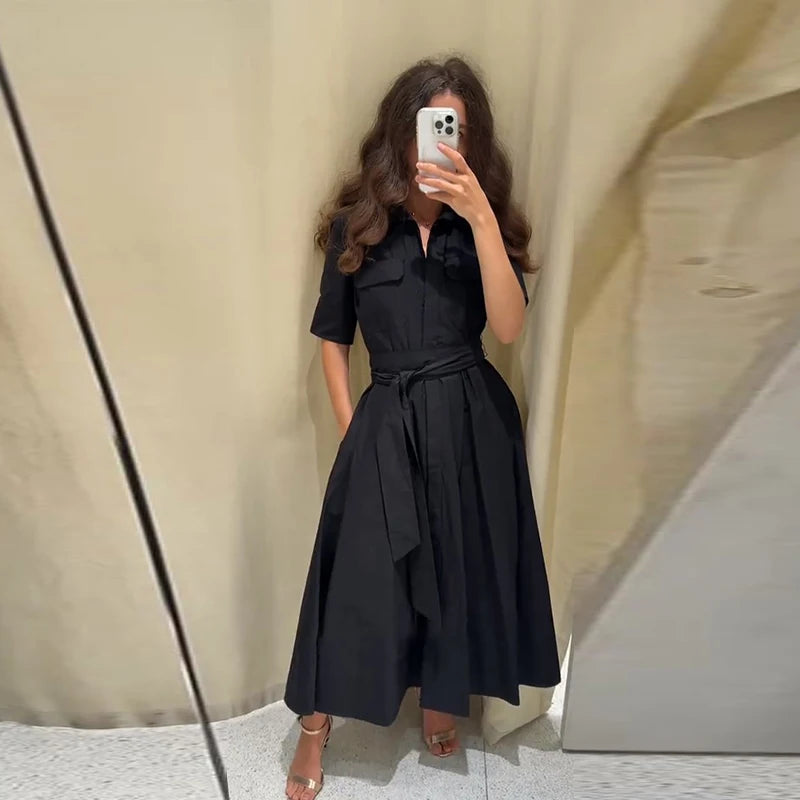 Elegant Belt Women Long Black Dress Full Sleeve Pleated Lapel Waist-Closed Female  A Line Dresses 2026 Spring Lady Robes New
