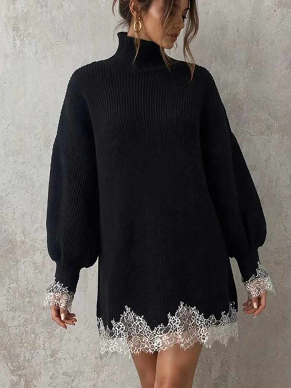 Women's Black Knitted Turtleneck Sweater Dress Lace Splice Mini Dress Fashion Spring Autumn Vintage Casual Retro Loose Dress