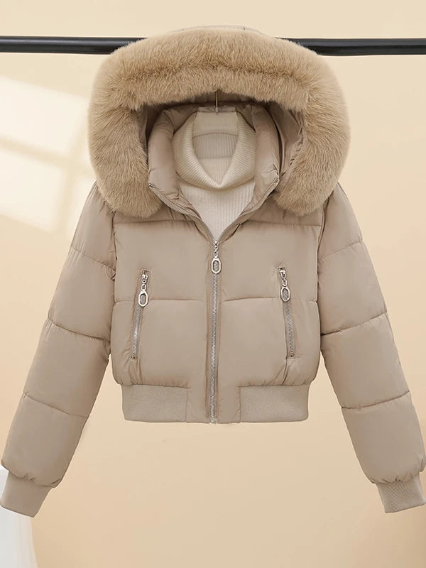 Korean Style Short down Cotton Jacket Women's Thickened Large Fur Collar Hooded Coat Slim Fit Commute Element  Color