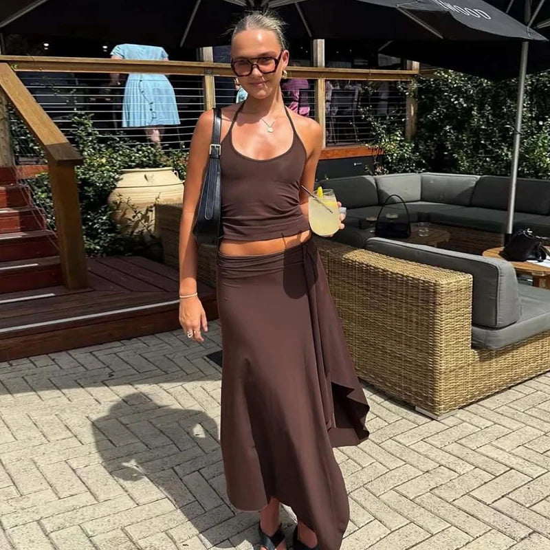 Hugcitar Fashion 2 Pcs Sets Halter Solid Backless Lace Up Sexy Crop Tank Top Ruched Maxi Skirt Women Outfit Beach Vacation Sport