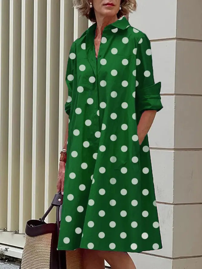 Uoozee Women's Fashion Polka Dot Lapel Shirt Dress 2026 New Spring Long Sleeves Loose Elegant Urban Casual Office Midi Dresses