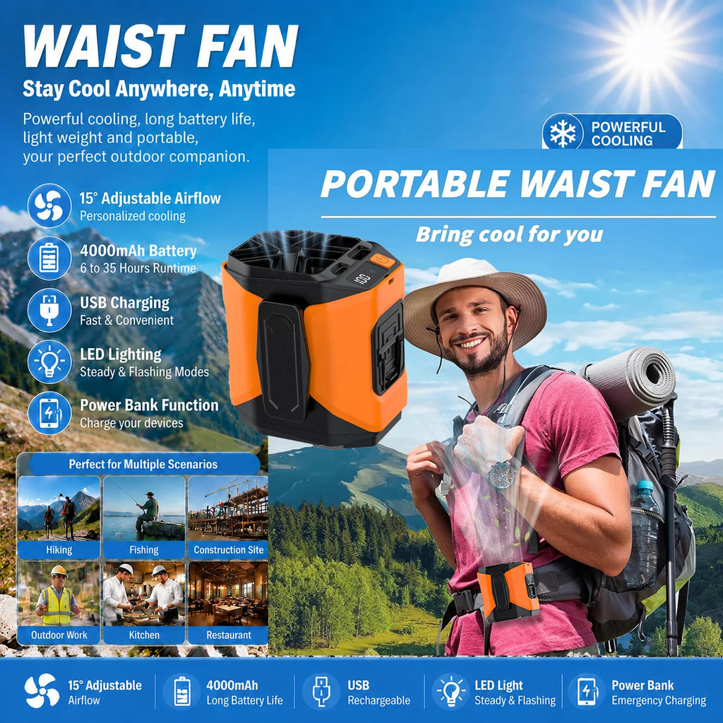 Outdoor Fan Portable Waist Hanging Neck Strong Dual Air Vents Fans for Travel Sports Courier Outdoor Working