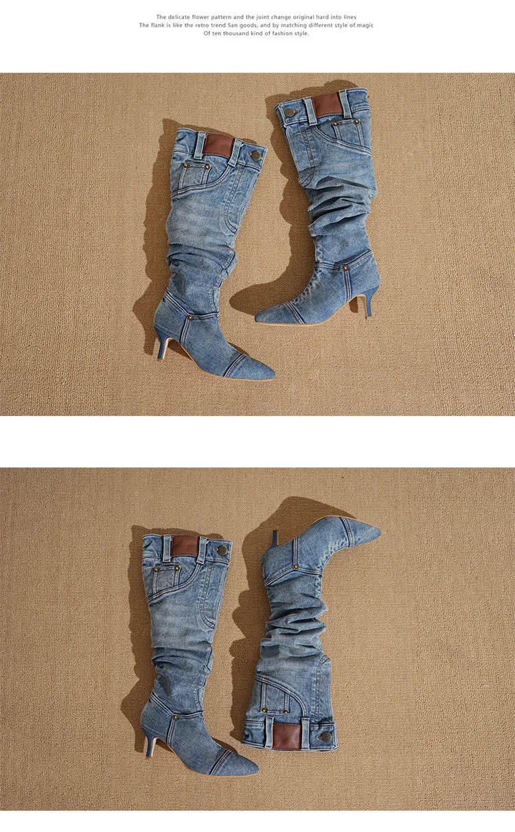 Denim Long Boots Women Knee Boots New 2025 Autumn Winter High Heels Retro Western Hot Girl Cowboy Boots Lady Modern Boot Botas