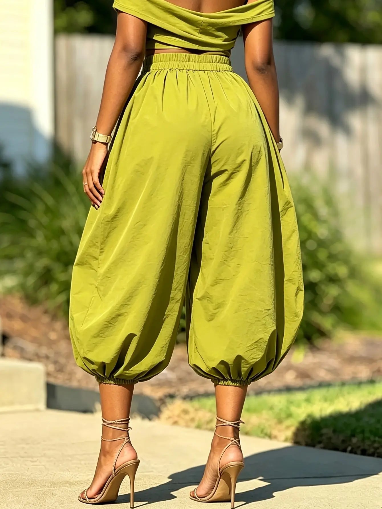 Two Piece Matching Set Ruched Short Sleeve Crop Top and Balloon Harem Pants Women Casual Streetwear Loose Baggy Wide‑Leg Outfit