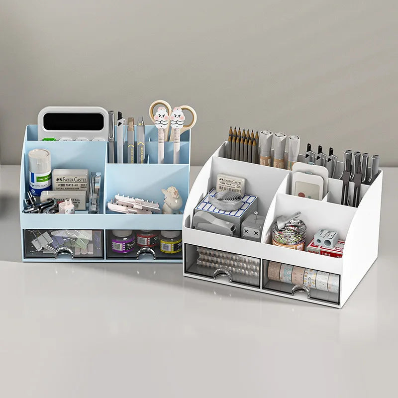 Desk Organizer with 2 Drawers, Multi-Compartment Plastic Desktop Storage Box for Stationery, Makeup & Office Supplies