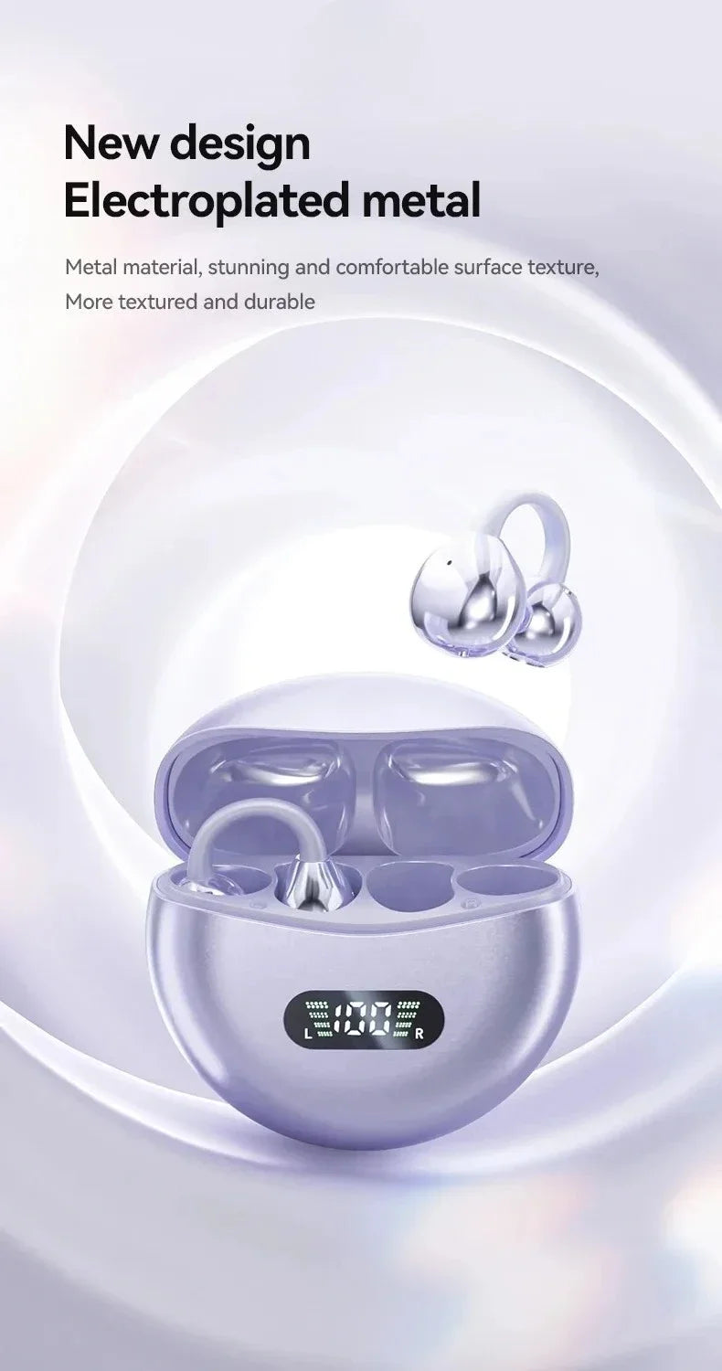 Digital Display Ear Clip Headphones Wireless Bone Conduction Bluetooth 5.4 Earbuds Comfortable Waterproof Sport Headsets